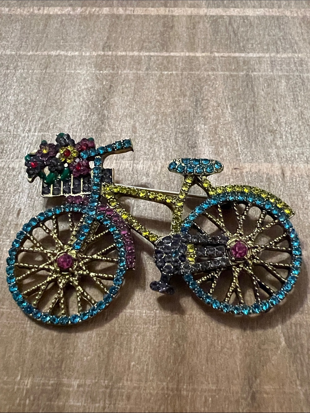 3/$18 Rhinestone Bicycle Brooch - Sparkling Blue, Green & Pink Accents Lot 595